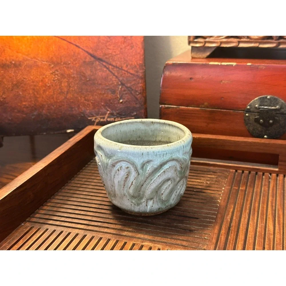 Olivia Coffee Studio Pottery Carved Celadon Green Wave Textured Cup Planter 3